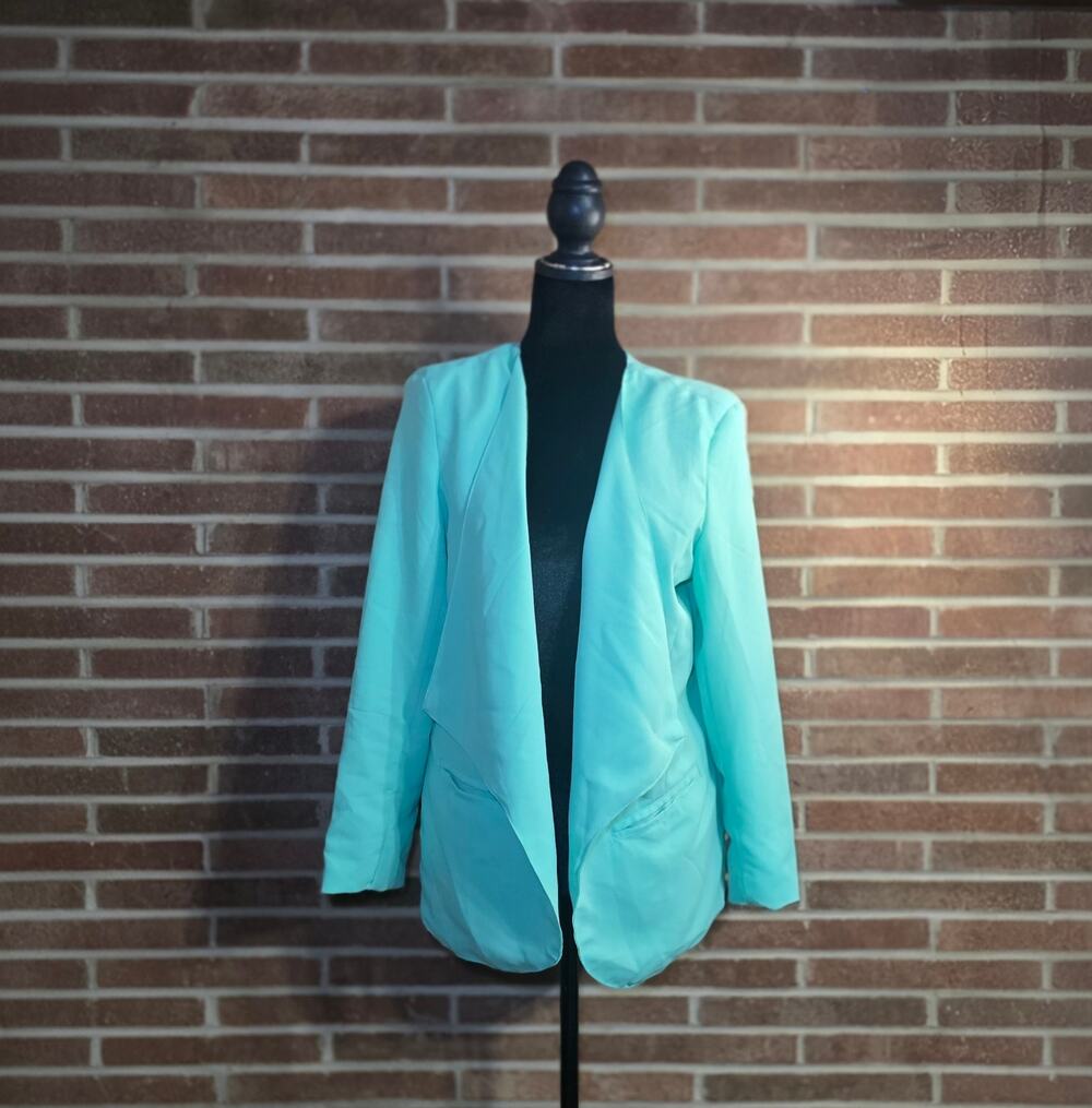 Miss London Aqua Mint Draped Open Front Waterfall Blazer Jacket XL